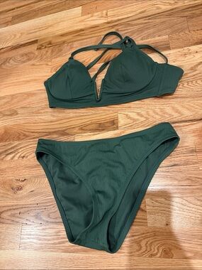 Shade & Shore Forest Green Ribbed Strappy Bikini
